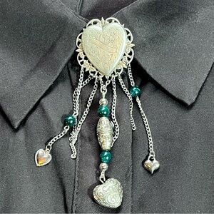 One of a Kind Button Cover Pendant Beaded Heart Silver Green Charm